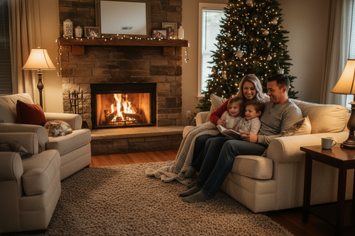 Cozy family by fireplace